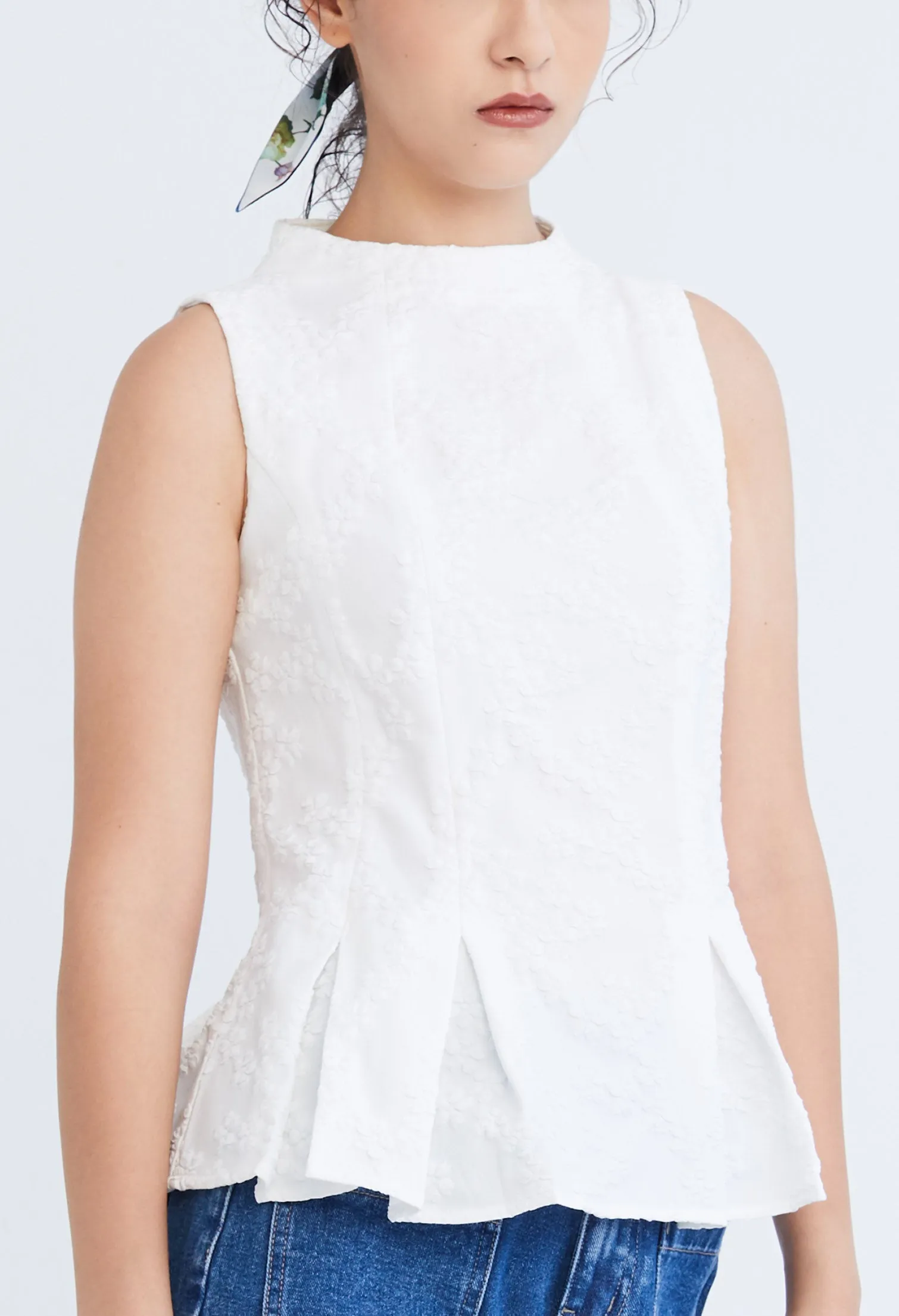 High Neck Brocade Peplum Top