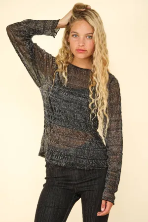 High Neck Fitted See-Thru Lurex Top: Silver