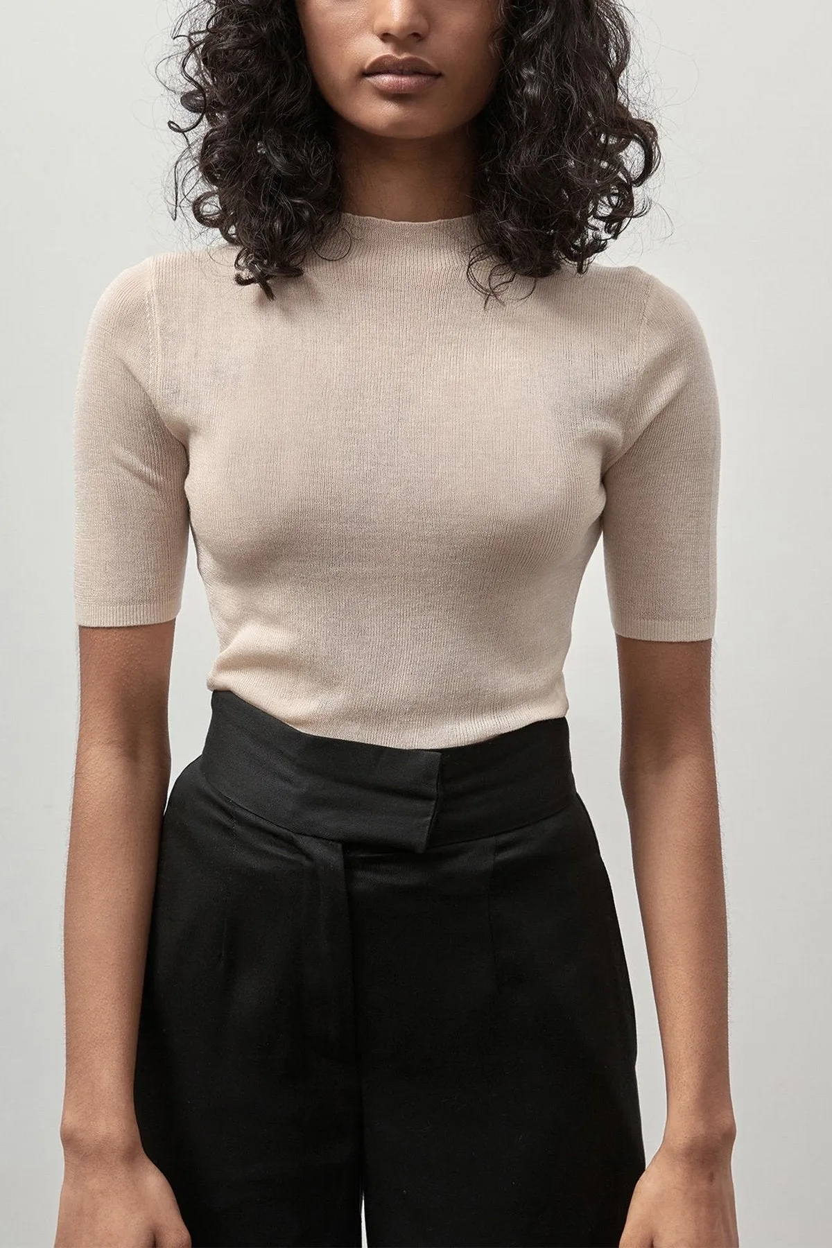 High Neck Knit Top in Ecru