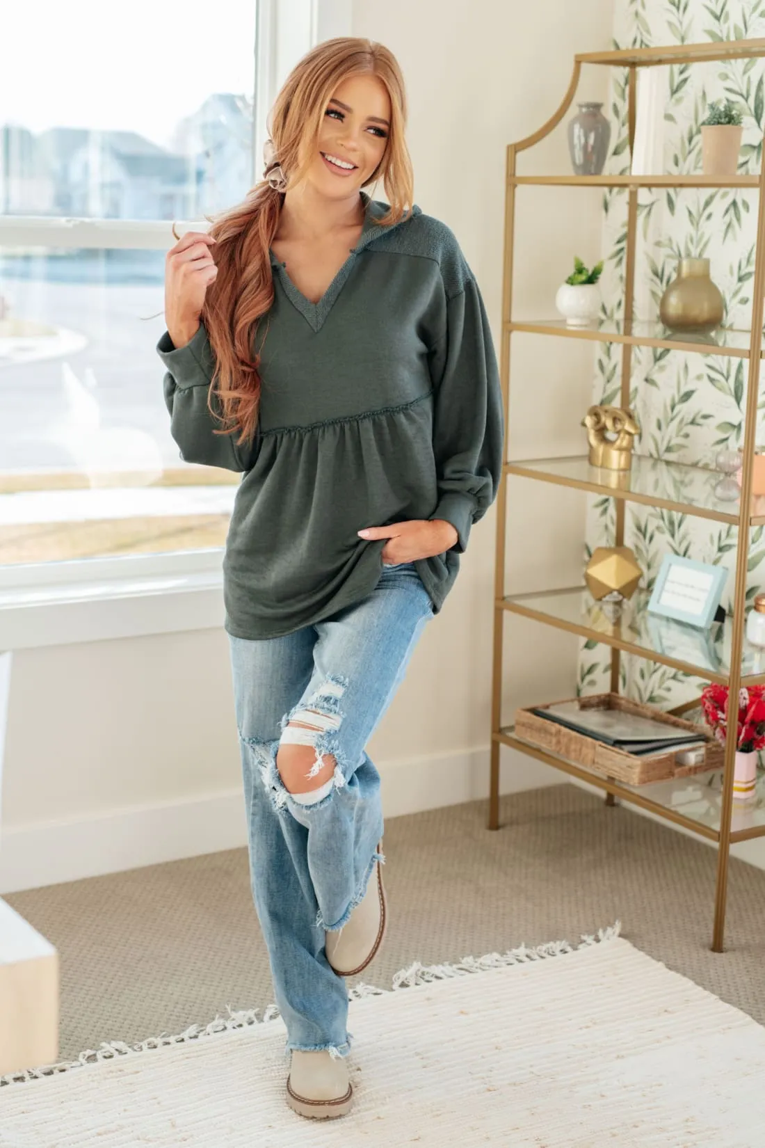 Hooded V-Neck Peplum Pullover