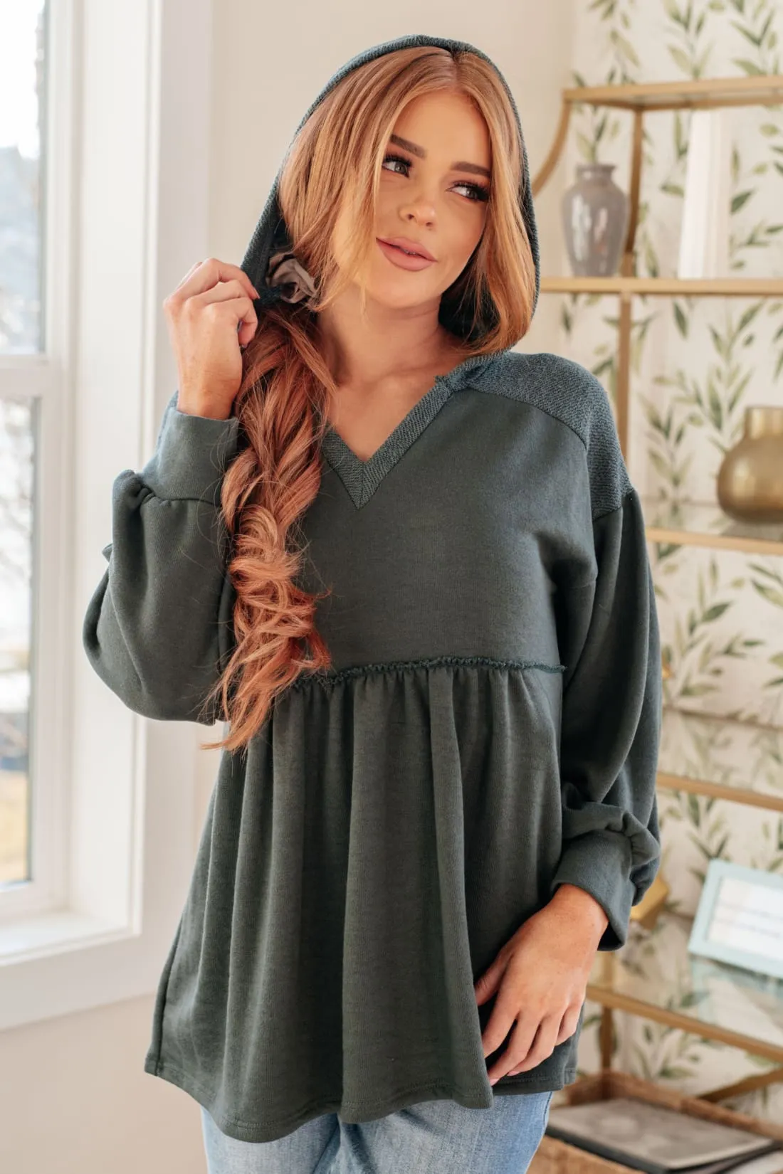 Hooded V-Neck Peplum Pullover