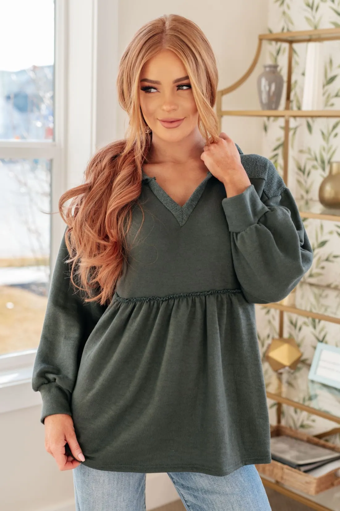 Hooded V-Neck Peplum Pullover