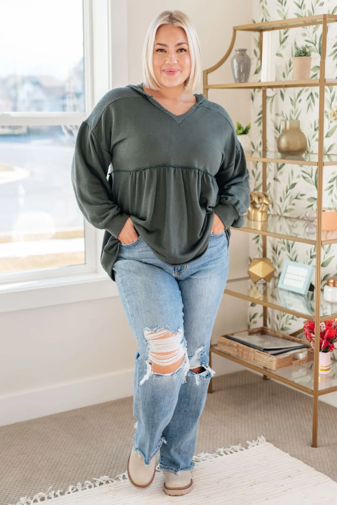 Hooded V-Neck Peplum Pullover
