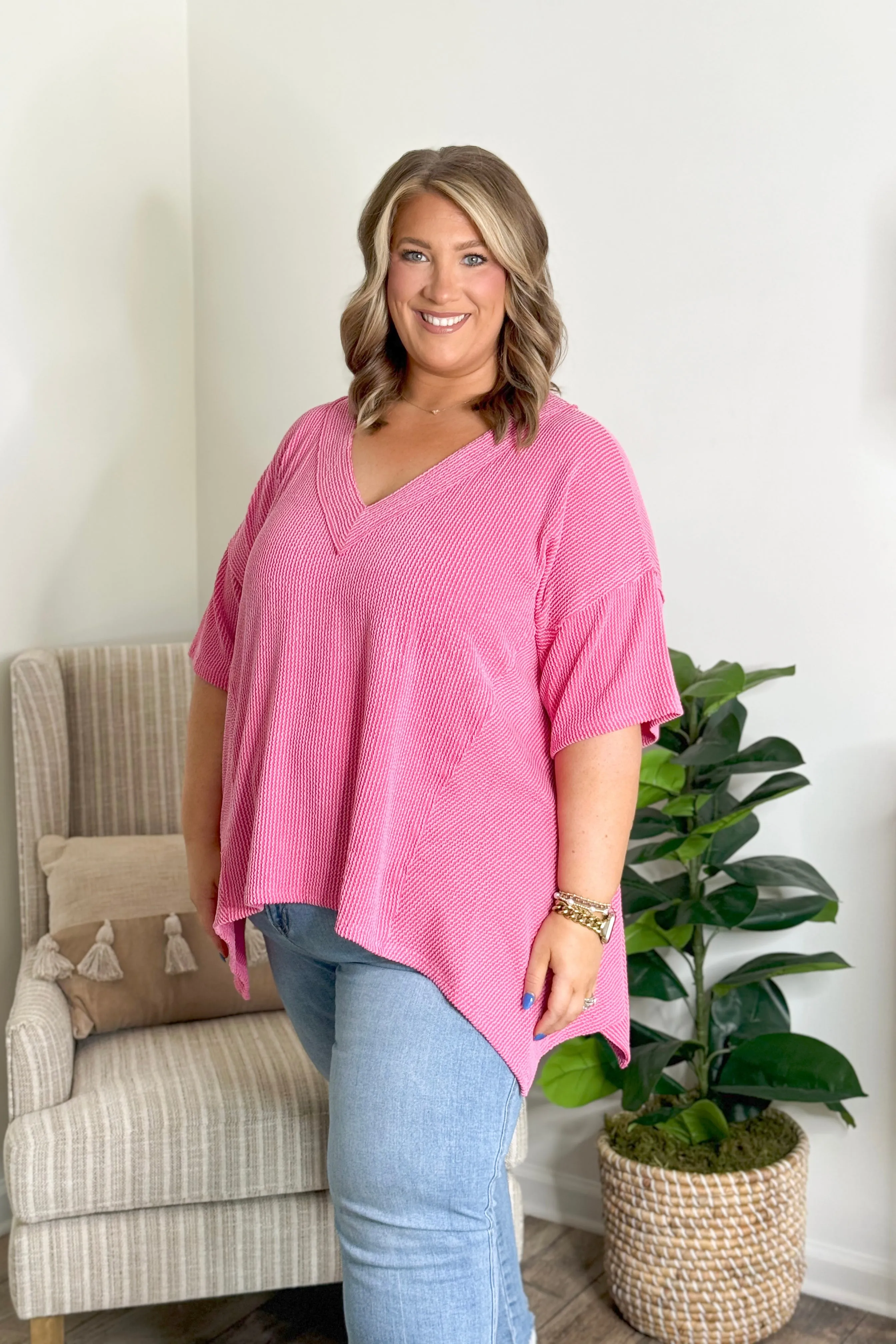 Hot Pink Textured V Neck High Low Top *Final Sale*