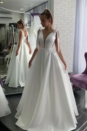 Illusion V-neck Satin Wedding Dresses Floor-Length