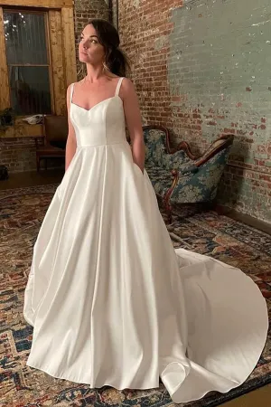 Ivory Satin Spaghetti Straps Simple Wedding Dresses With Court Train, MW848