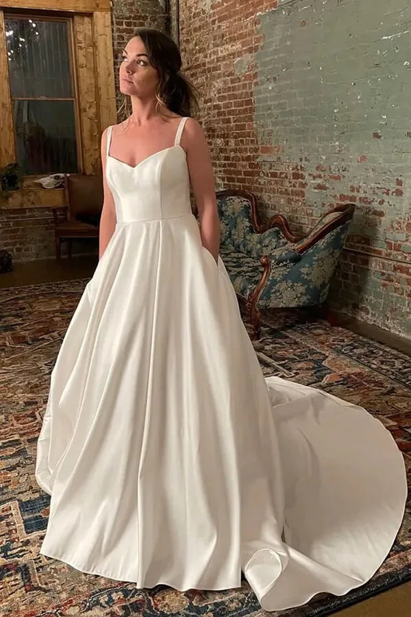 Ivory Satin Spaghetti Straps Simple Wedding Dresses With Court Train, MW848