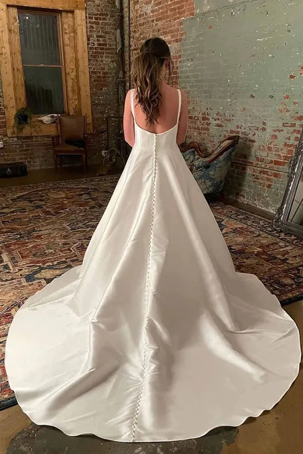 Ivory Satin Spaghetti Straps Simple Wedding Dresses With Court Train, MW848
