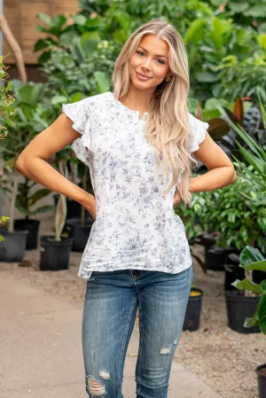Jade Flutter Sleeve Floral Top - Ivory/Blue
