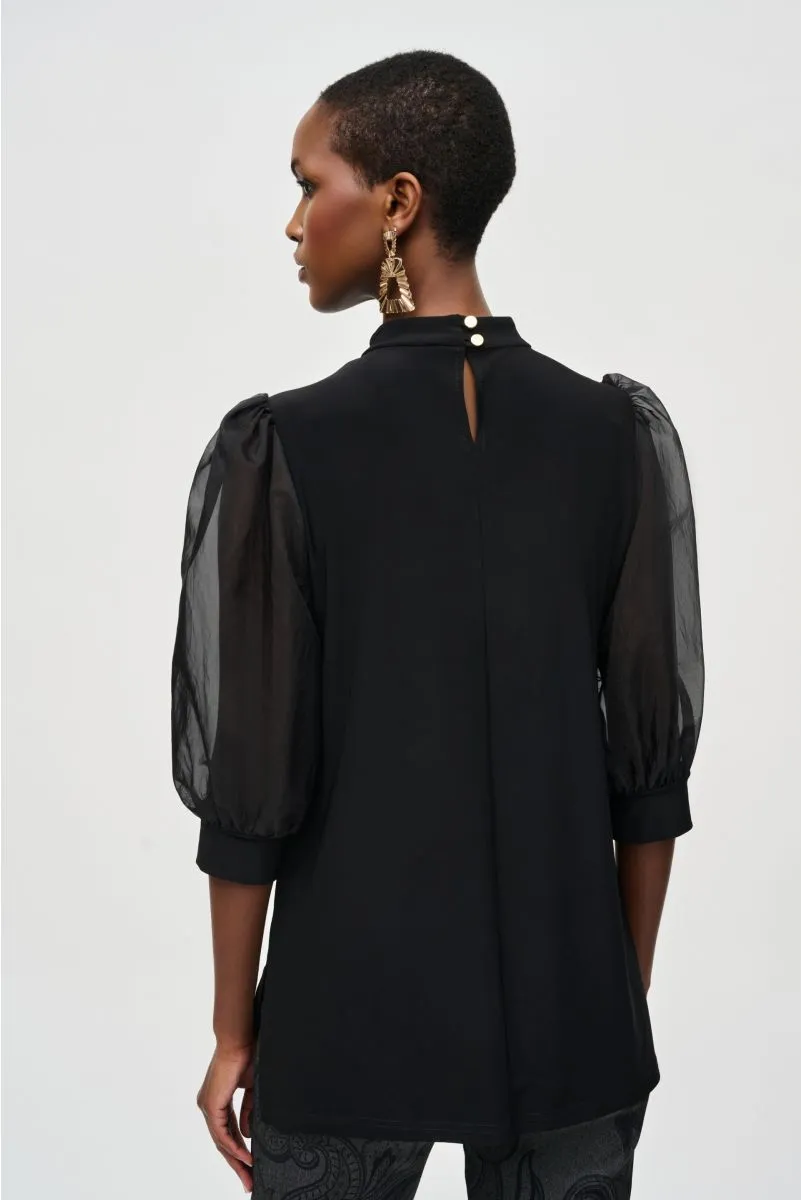 Joseph Ribkoff Black High Neck Organza Puff Sleeve Tunic Top 243257