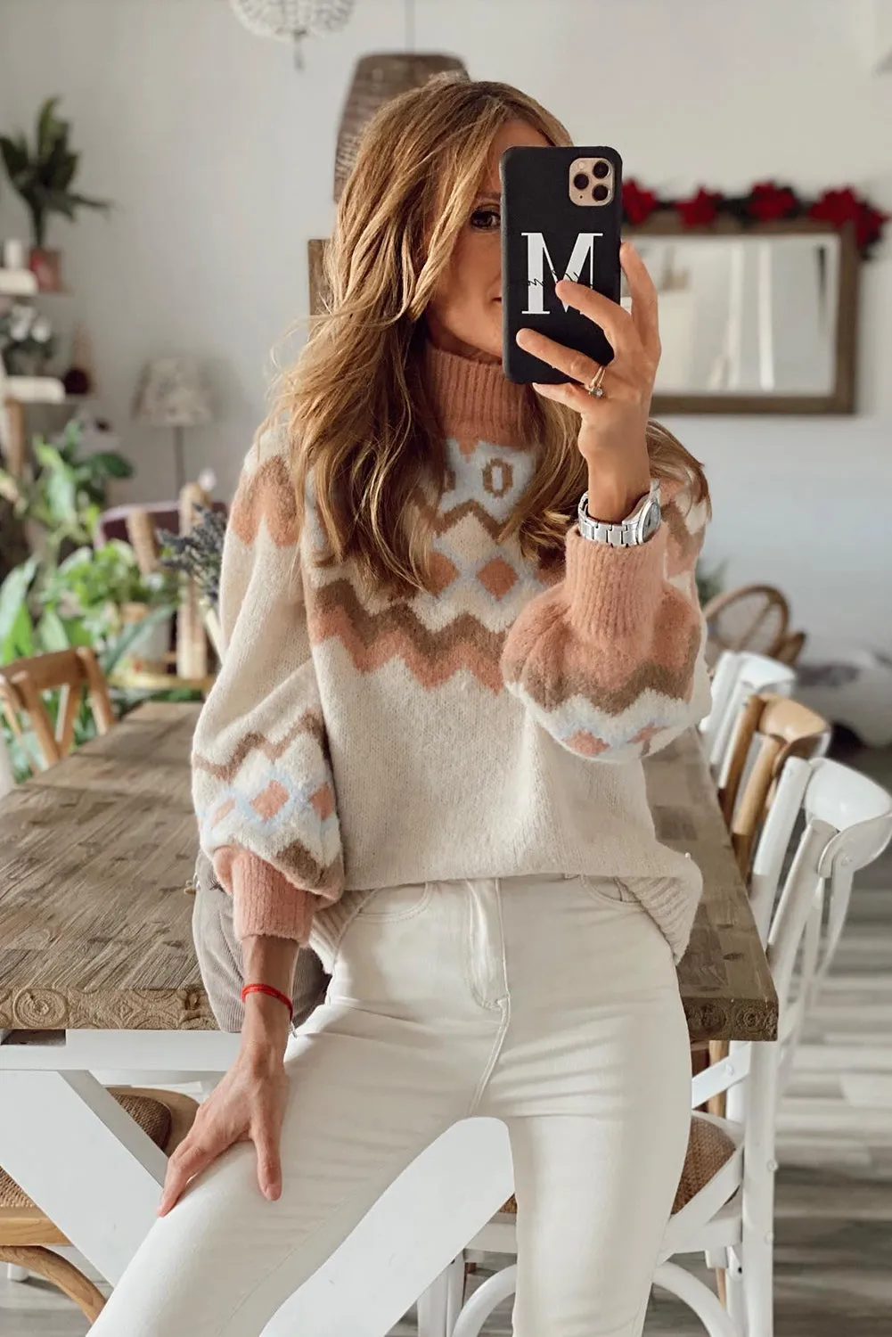 Khaki Geometric Pattern Ribbed Trim High Neck Sweater