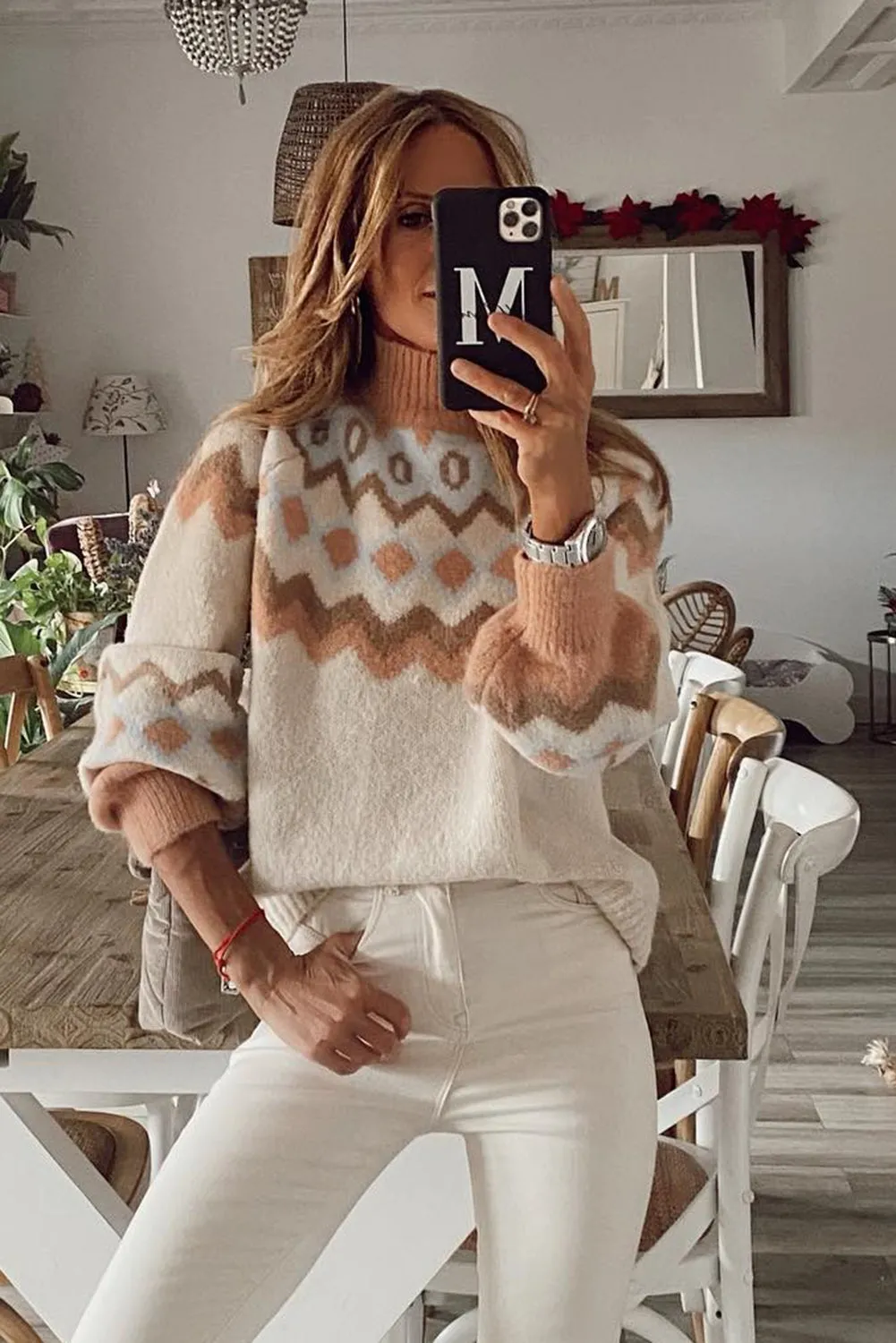 Khaki Geometric Pattern Ribbed Trim High Neck Sweater