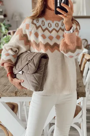 Khaki Geometric Pattern Ribbed Trim High Neck Sweater