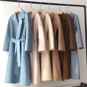 Korean Handmade Hepburn Water Ripple Double-Sided Cashmere Wool Long Coat