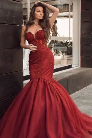 Lace Appliqued Mermaid Red Prom Dresses with Sweetheart Corset