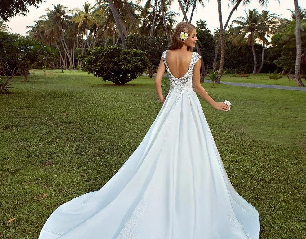 Lace Satin A line Wedding Dress Sexy Backless