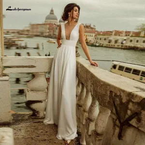 Lakshmigown Ivory Satin Wedding Jumpsuit Bride Gowns V-Neck Backless A line