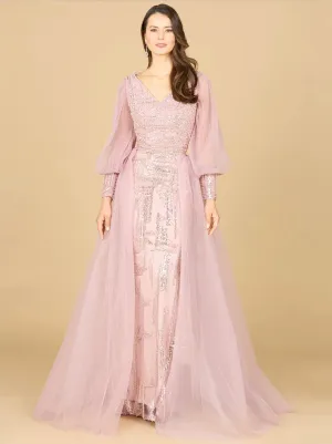 Lara Mauve Long Sleeve with Removable Over Skirt Gown 29158