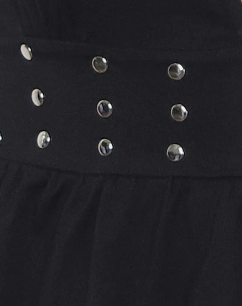 Leisma Frill Top in Jersey Black with Studs