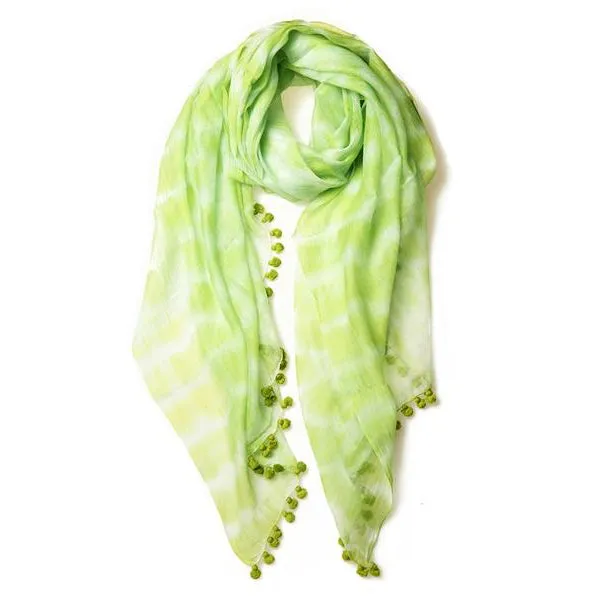 Lime Tie Dye Silk Cotton Pom Pom Scarf