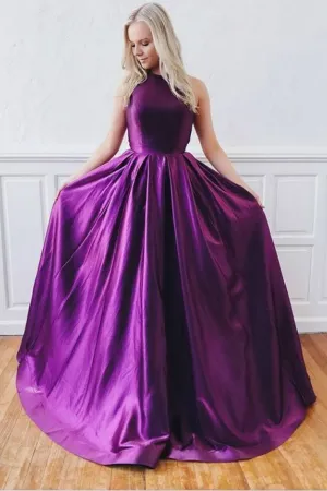 Long Purple Satin Prom Dresses with X Back Vestido de noche
