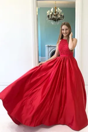 Long Satin Skirt Red Evening Dress Lace Bodice