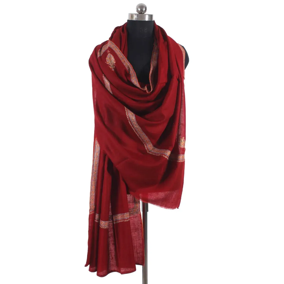 Maroon Base Zari and sozni Embroidered Jamawar Pashmina Shawl