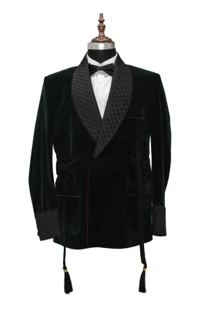 Men's Green Smoking Jackets Designer With Burgundy Piping Coats