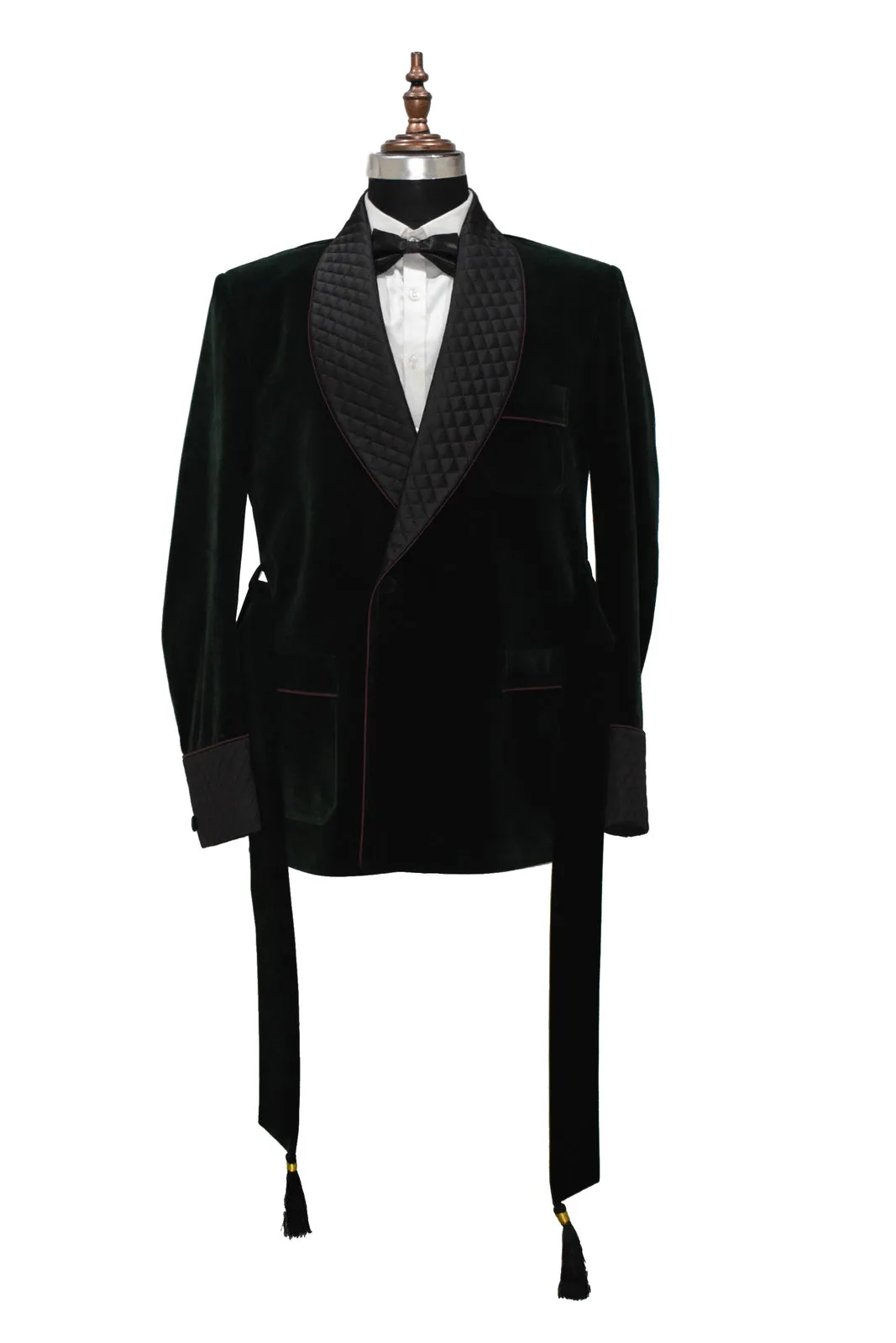 Men's Green Smoking Jackets Designer With Burgundy Piping Coats