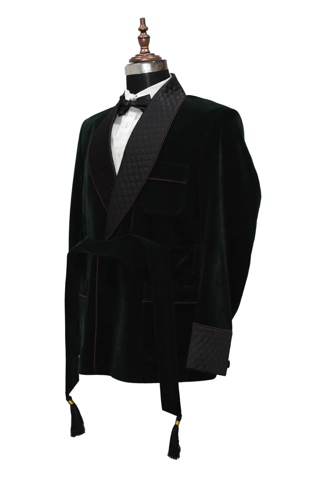 Men's Green Smoking Jackets Designer With Burgundy Piping Coats