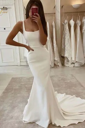 Mermaid Square Neck Wedding Dresses With Train, Satin Wedding Gowns, MW705