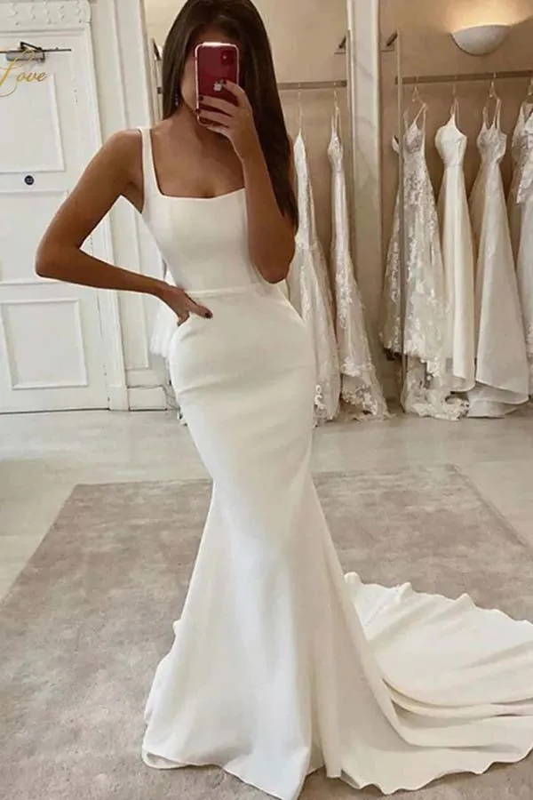 Mermaid Square Neck Wedding Dresses With Train, Satin Wedding Gowns, MW705