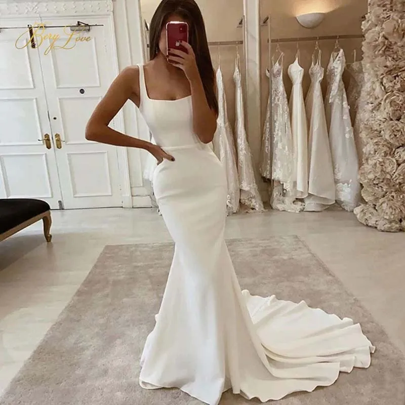 Mermaid Square Neck Wedding Dresses With Train, Satin Wedding Gowns, MW705