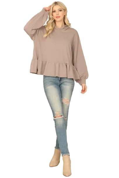 Mocha Hoodie Long Puff Sleeve Ruffle Hem Peplum Top - Pack of 8