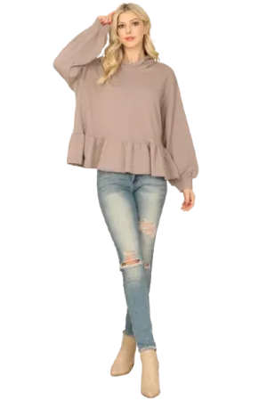 Mocha Hoodie Long Puff Sleeve Ruffle Hem Peplum Top - Pack of 8