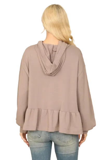 Mocha Hoodie Long Puff Sleeve Ruffle Hem Peplum Top - Pack of 8