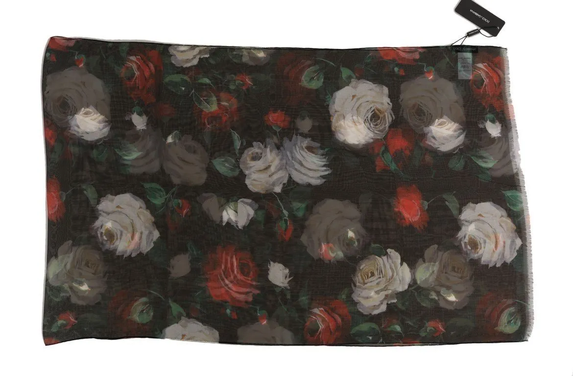 Multicolor Roses Print Silk Scarf