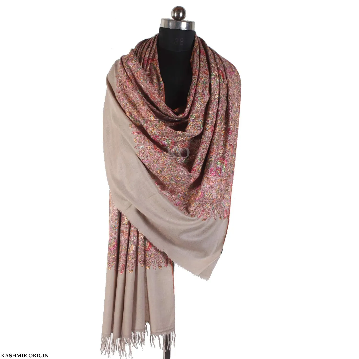 Natural Colour Paper Machie design  Sozni Embroidered Cashmere Pashmina Jamawar Shawl