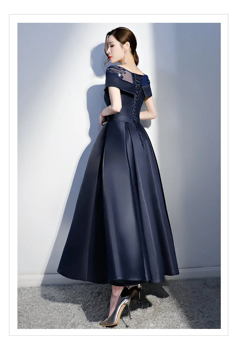 Navy Blue Satin Beaded New Style Long Party Dress, Blue Cap Sleeves Prom Dress