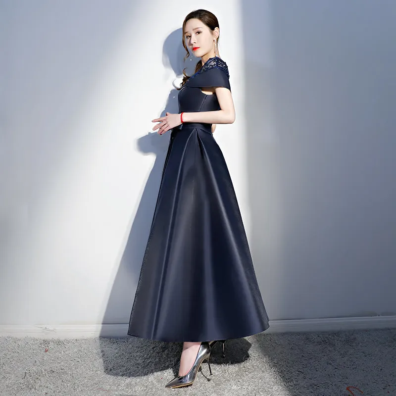 Navy Blue Satin Beaded New Style Long Party Dress, Blue Cap Sleeves Prom Dress