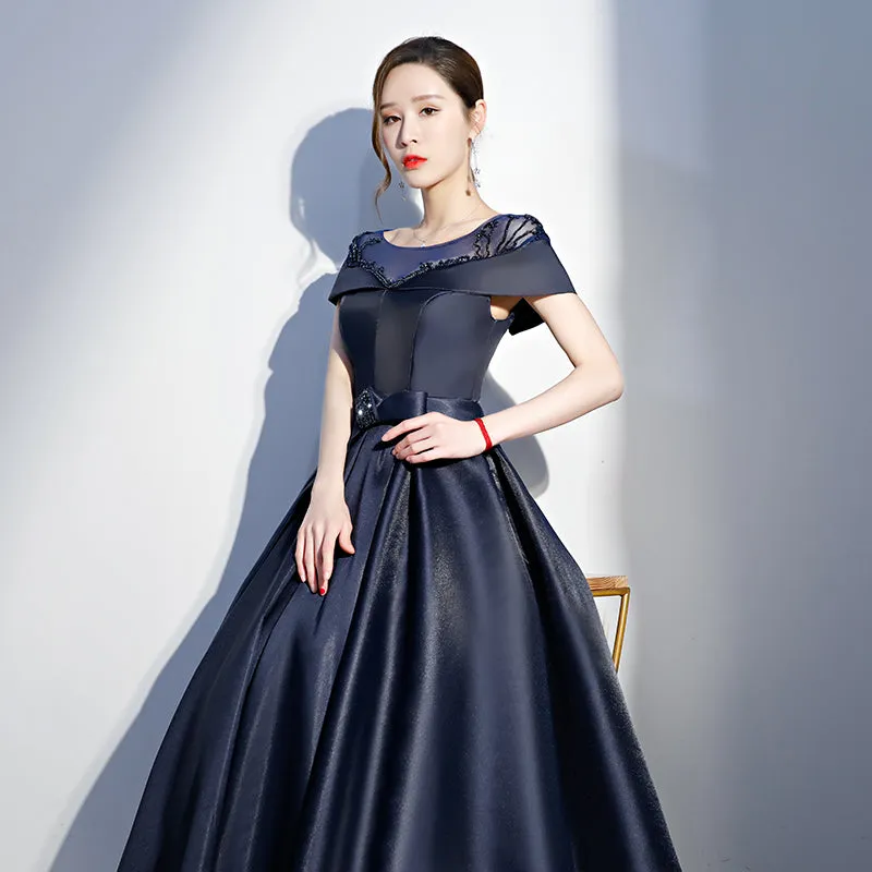Navy Blue Satin Beaded New Style Long Party Dress, Blue Cap Sleeves Prom Dress