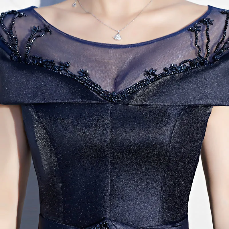 Navy Blue Satin Beaded New Style Long Party Dress, Blue Cap Sleeves Prom Dress