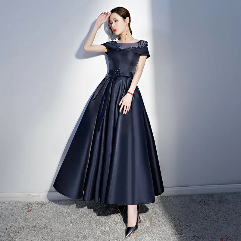 Navy Blue Satin Beaded New Style Long Party Dress, Blue Cap Sleeves Prom Dress