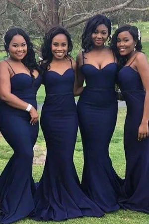 Navy Blue Satin Spaghetti Straps Mermaid Sweetheart Long Bridesmaid Dresses, MB182