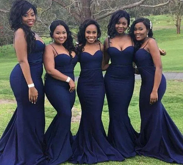 Navy Blue Satin Spaghetti Straps Mermaid Sweetheart Long Bridesmaid Dresses, MB182