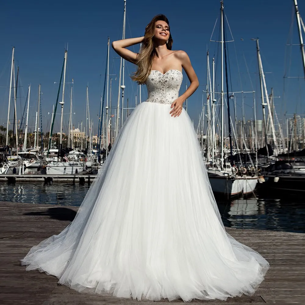 New Arrivals White Tulle Wedding Dress A-line Elegant Robe De Mariage Sparkly Beading Crystal Princess Wedding Gowns