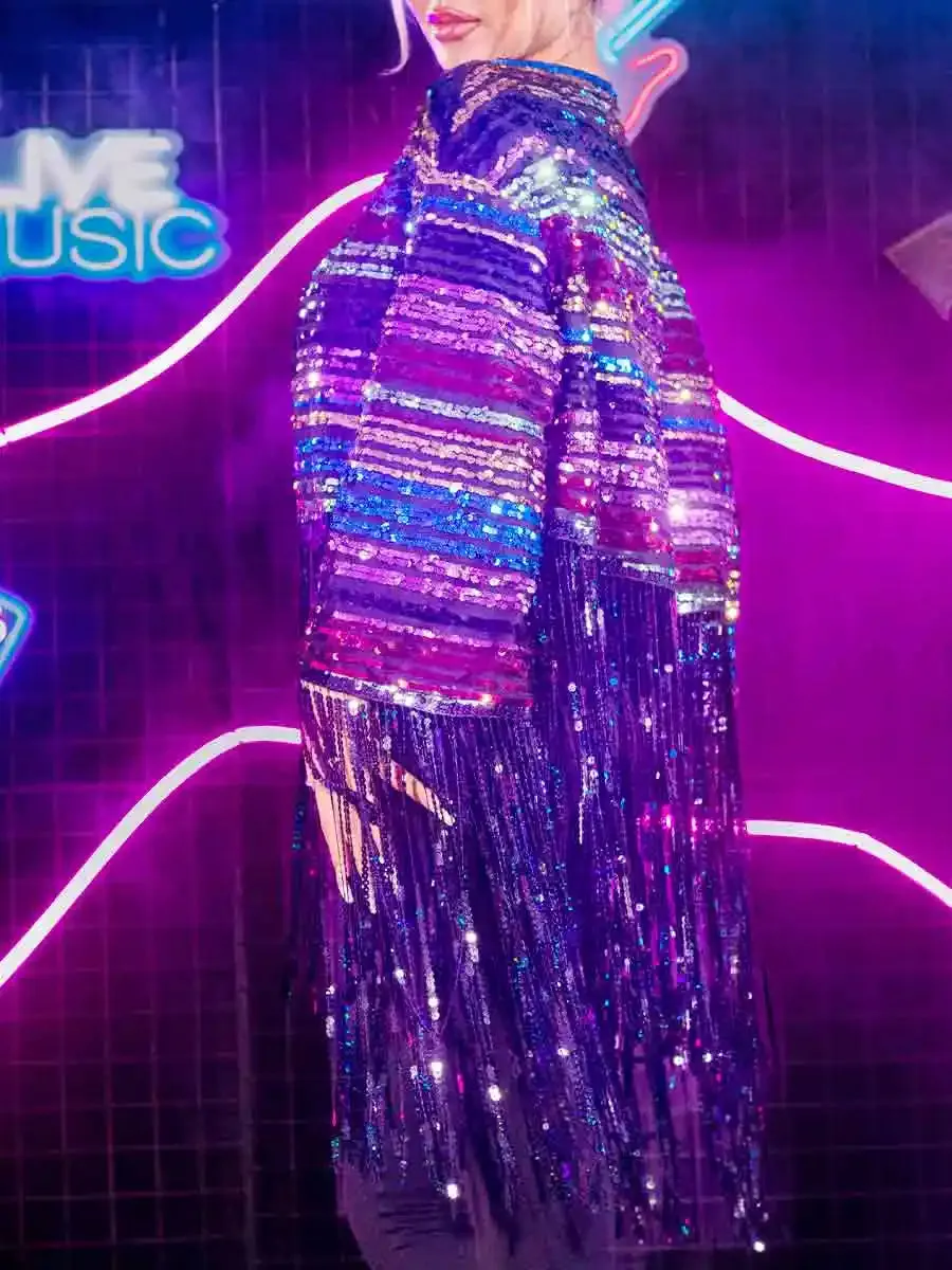 New Long Sleeve Colorful Sequin Tassel Jacket Top