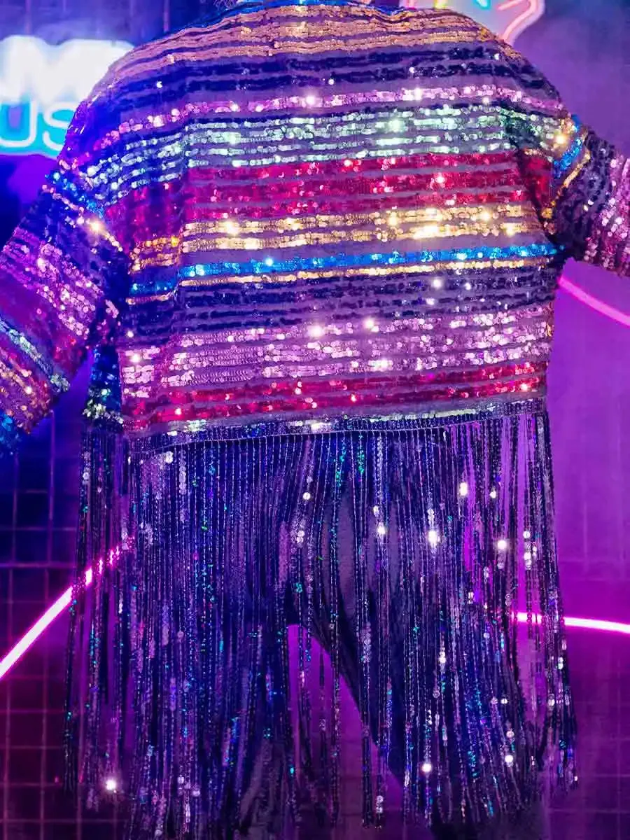 New Long Sleeve Colorful Sequin Tassel Jacket Top