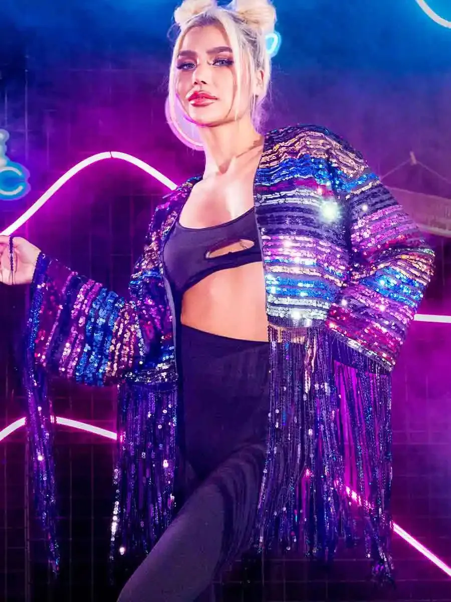 New Long Sleeve Colorful Sequin Tassel Jacket Top