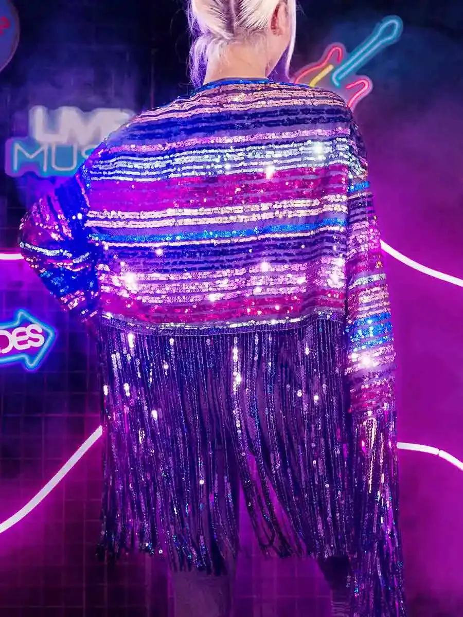 New Long Sleeve Colorful Sequin Tassel Jacket Top